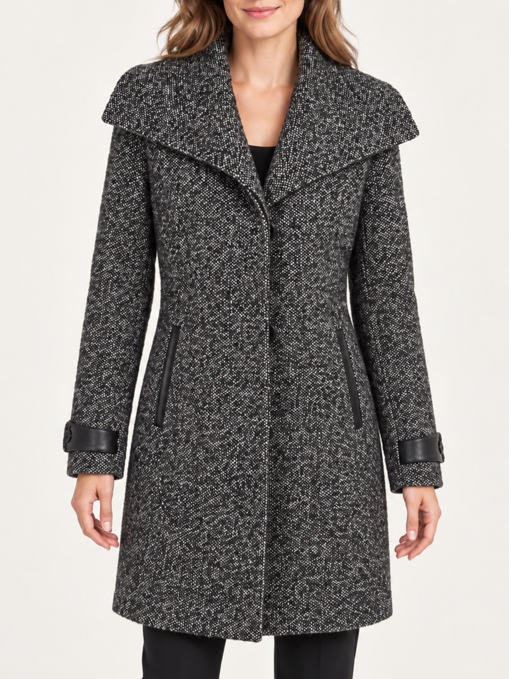 Black & White Tweed Wool Blend Coat Dana Buchman S Wide Collar Lined Long Sleeve